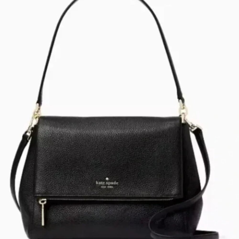 Kate Spade Leila Medium Pebbled Leather Flap Shoulder Bag Black Crossbody